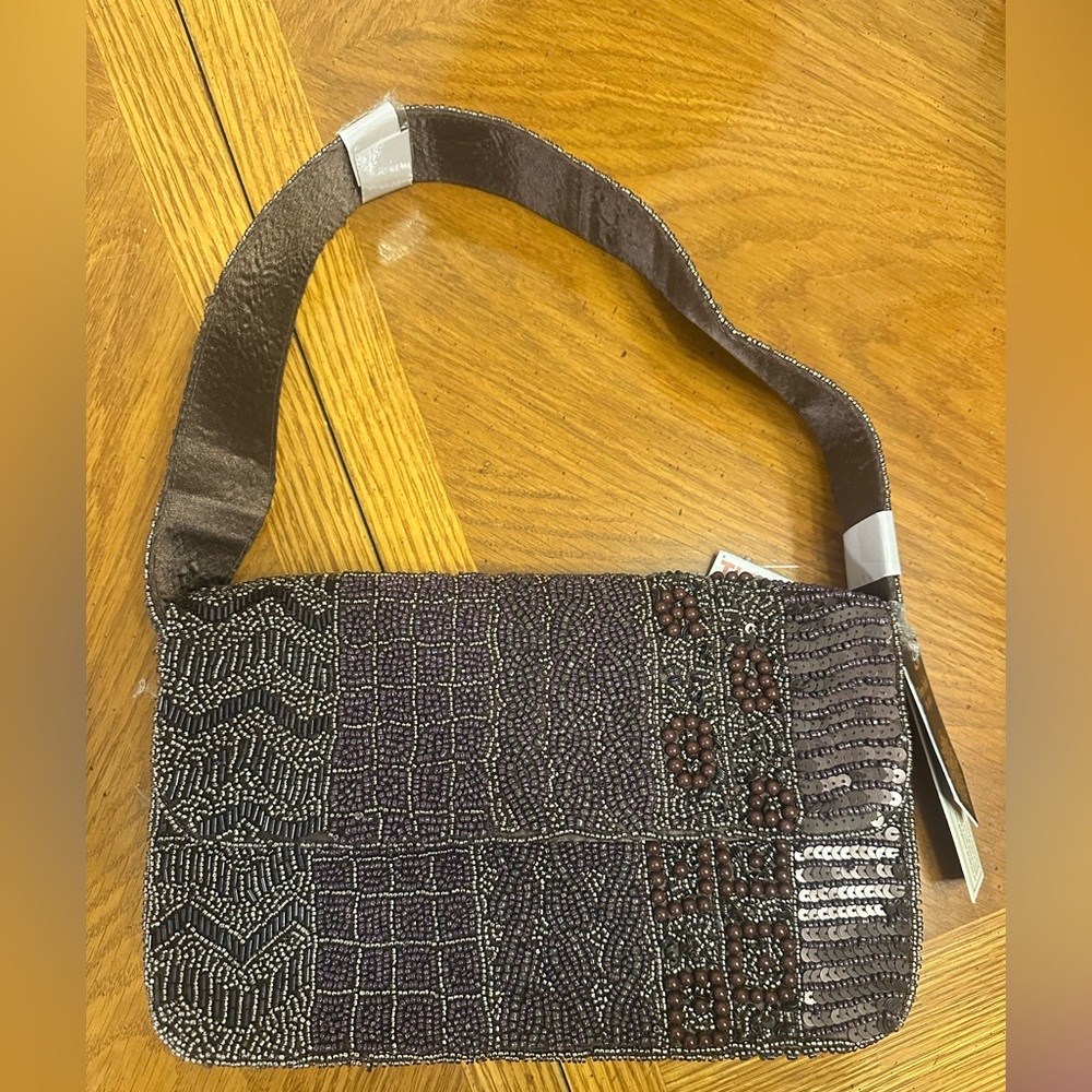 Made in India Chic Beaded Shoulder Bag - Dark Brown and purple